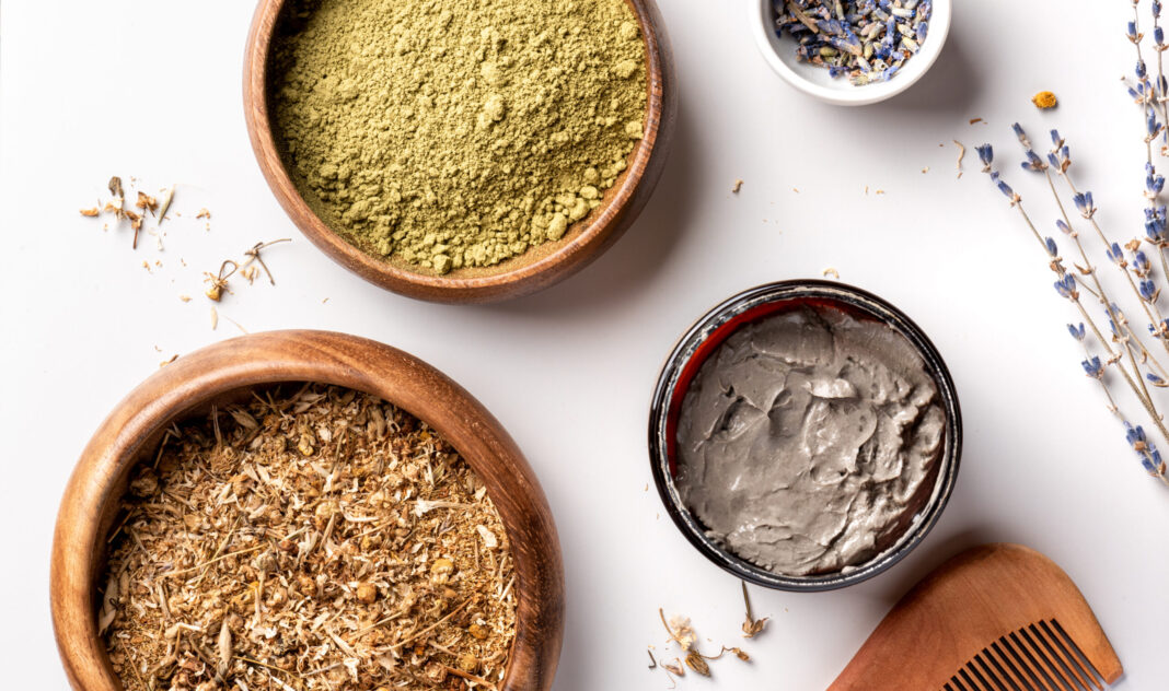 Natural hair care, dry chamomile, henna, cosmetic clay and woode
